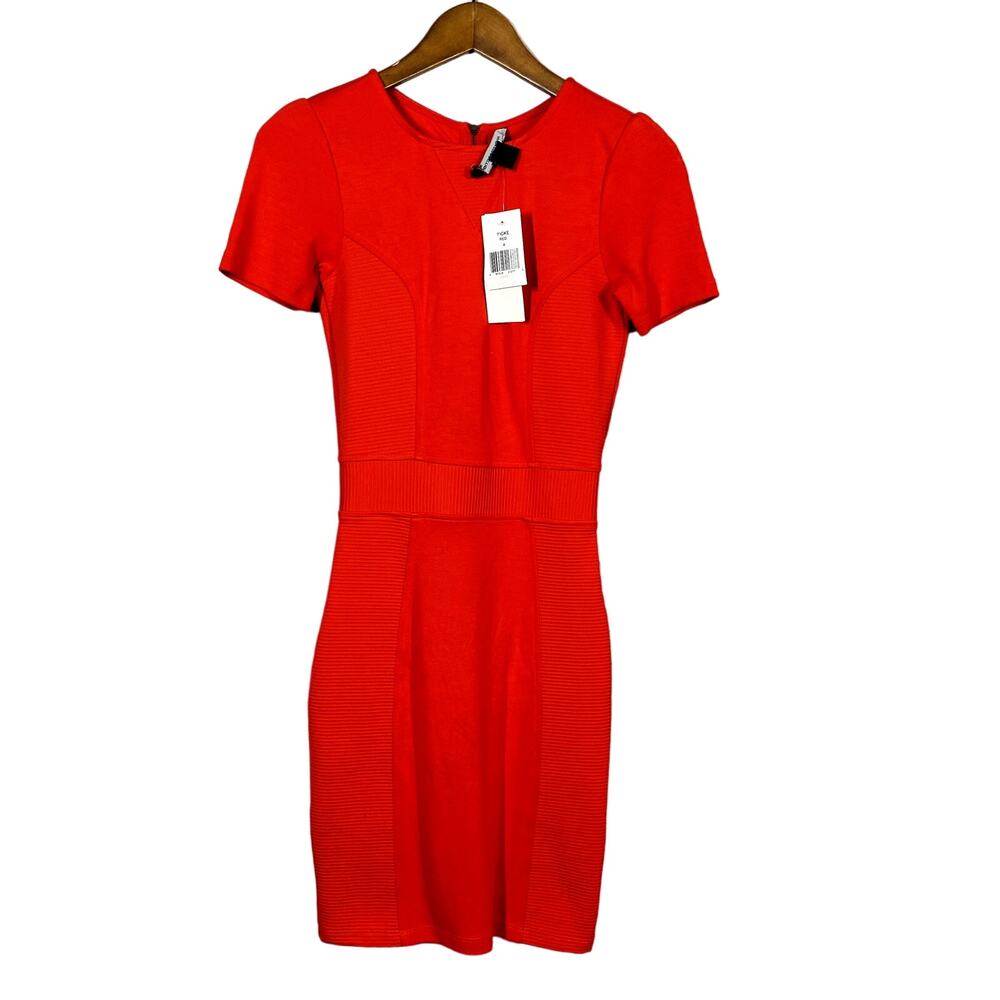 French Connection Fire Engine Red Bodycon Dress Ribbed Short Sleeve - 4